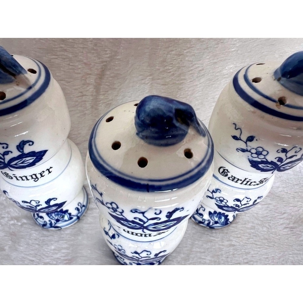 Vintage Blue Onion Decor Ceramic Spice Jar Set Garlic Salt Onion Ginger Japan - Picture 5 of 15